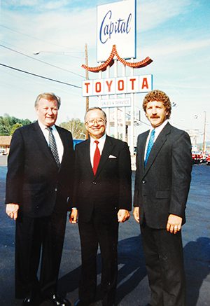 Capital Toyota; Bob and Jeff McKamey with Mr. Toyota at the dealership's grand opening in the '70s.